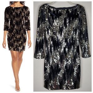 Eliza J Sequin Velvet Shift Mini Dress 3/4 Sleeve Party Black Gold Size 2